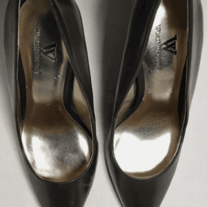A pair of Army Green & Gold Chrome pointed-toe high-heeled shoes with metallic insoles, viewed from above on a white surface.