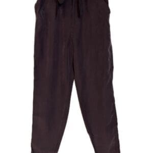 Dark brown high-waisted pants with a fabric belt, front pockets, and tapered legs, displayed on a hanger against a white background.
