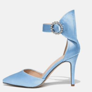 The Cloth Ankle Heel is a light blue satin high heel with a pointed toe, rhinestone-embellished ankle strap, and a statement bow at the heel.