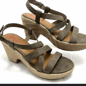 Heeled Strapped: Brown strappy wedge sandals with woven platform heels and adjustable ankle straps, shown on a white background.