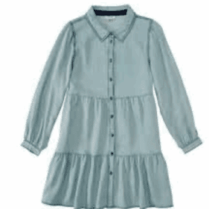 Denim long sleeve dress with a collar and tiered, ruffled skirt, button-down style in light blue, laid flat on a white background.