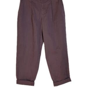 A pair of mauve cropped pants with cuffed hems, front pleats, side pockets, and a button-zipper closure, hanging on a black hanger against a white background.