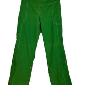 Bright green pants with white stitching are displayed on a black hanger against a white background.