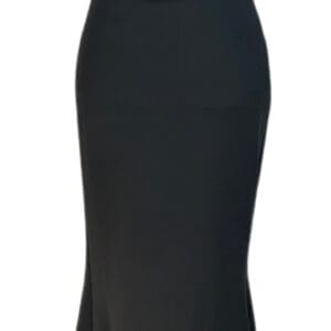A plain black, floor-length, sleeveless dress displayed on a mannequin against a white background.