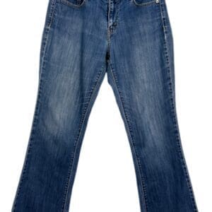 A pair of blue denim bootcut jeans with front and back pockets, displayed on a hanger against a white background.