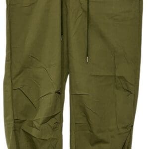 Army Green parachute pants with elastic cuffs and visible wrinkles, displayed flat against a white background.