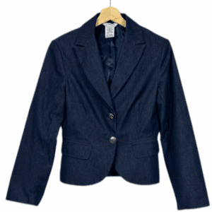 A George dark blue denim blazer with two buttons, displayed on a wooden hanger against a white background.