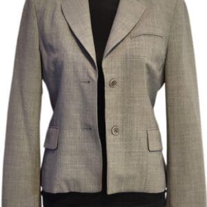 The Short Dressy Blazer is a light grey women’s blazer with two buttons, a notched collar, and three pockets, shown on a mannequin styled with a black top.