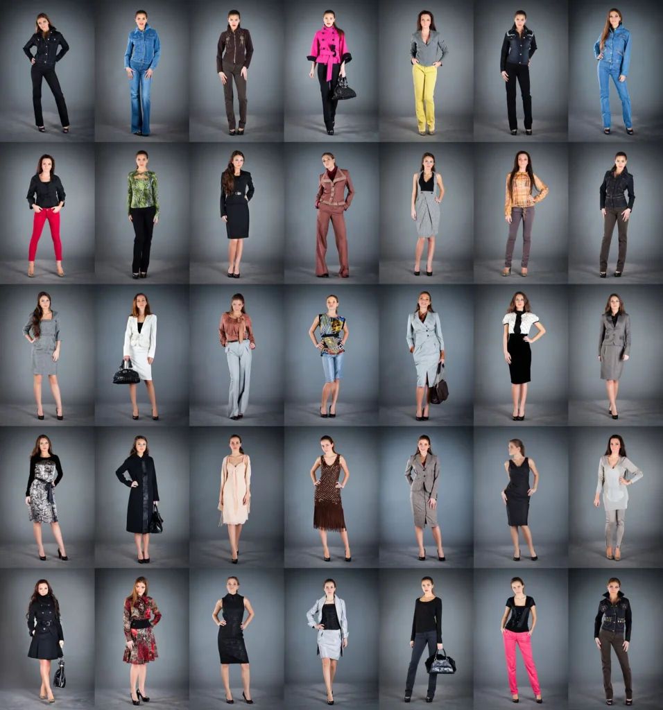 A grid of 30 women each wearing a different fashionable outfit, posing against a plain gray background.