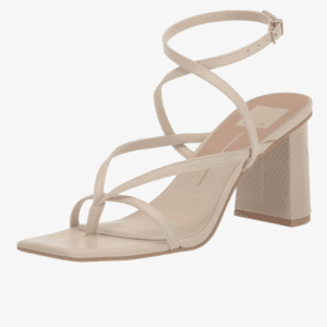 Beige heeled sandal with strappy design, square toe, ankle strap, and block heel.