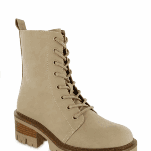 Tan lace-up ankle boot with a chunky heel and ridged sole, featuring a pull tab at the back and visible stitching along the upper.