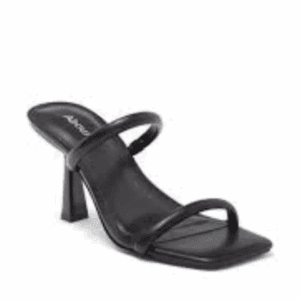 A black high-heeled sandal with two thin straps and a square toe, displayed on a white background.
