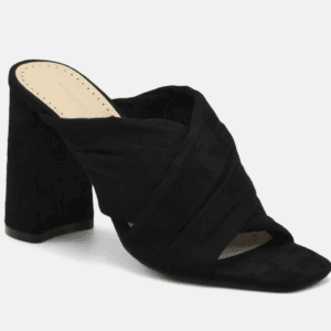 A black, open-toe mule sandal with a high block heel and wide crisscross fabric straps.