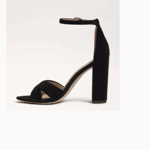 Black suede high-heeled sandal with a block heel, crisscross front straps, and an ankle strap with buckle closure, shown on a neutral background.