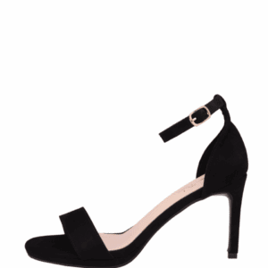 A black high-heeled sandal with an open toe, single front strap, and an ankle strap featuring a gold buckle, shown in a side profile on a white background.