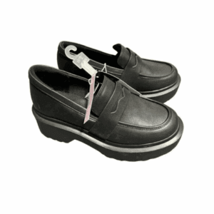A pair of black platform loafers with penny straps, displayed with a plastic hanger, against a white background.