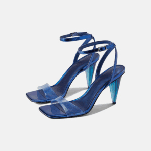 A pair of blue high-heeled sandals with clear straps and ankle buckles, featuring cone-shaped translucent heels, displayed on a white background.