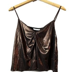 A metallic brown spaghetti strap crop top with subtle draping, displayed on a wooden hanger against a white background.