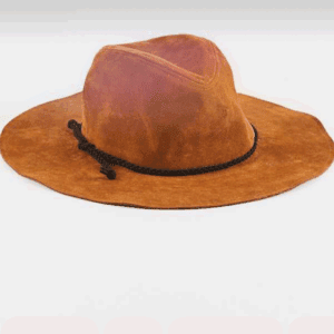 Brown suede cowboy hat with a wide brim and a black braided rope band, displayed on a plain white background.