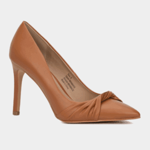 A tan high-heeled pump with a pointed toe and a twisted knot detail on the front, photographed against a plain white background.