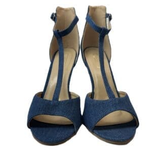 A pair of blue open-toe high-heeled sandals with T-straps and ankle straps, displayed facing forward on a white background.