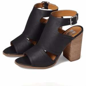 A pair of black, open-toe, heeled sandals with thick wooden block heels, ankle straps, and silver buckles.
