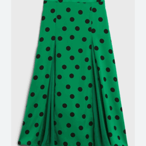 Green A-line skirt with black polka dots, featuring pleated panels and a fitted waistband.