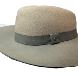 Wide-brimmed beige felt hat with a gray ribbon band, displayed on a white background.