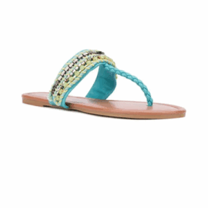 A flat sandal with a tan sole, turquoise braided thong strap, and decorative beads and sequins on the upper strap.