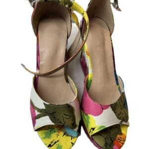Colorful Flower Weddges—open-toe high-heeled sandals with a vibrant floral pattern and ankle straps, shown from above on a white background.