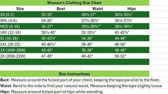 Women's clothing size chart showing size, bust, waist, and hips measurements for XS to 2X, with measurement instructions below.