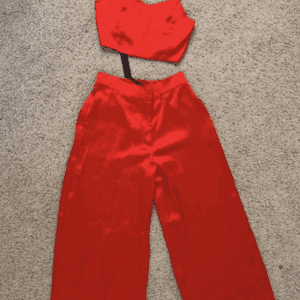 The 2 pc Wide Leg Spaghetti Strap Crop Top Set in red satin, featuring a cropped top and high-waisted wide-leg pants, is displayed on a beige carpet.