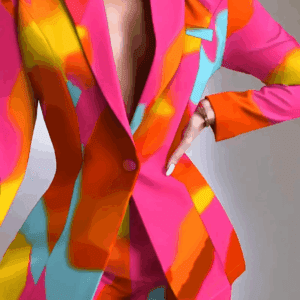 Model wears the 2 pc Colorful Short Set—a vibrant suit with a pink base and bold yellow, orange, and blue abstract patterns, featuring a matching blazer and shorts.