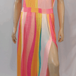 Mannequin wearing the "One Shoulder" sleeveless maxi dress with a high slit and multicolored wavy stripes in pink, yellow, orange, white, and teal.