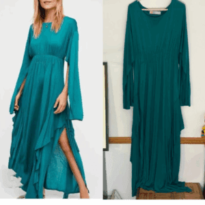 Side-by-side images of the Long, Long Sleeve Gathered Waist Dress in teal: on the left, shown on a model; on the right, displayed hanging against a wall.