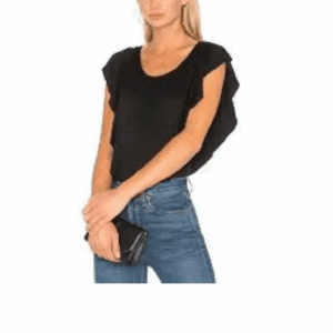 A person wearing a Grey Ruffle Short Sleeve Body Suit and blue jeans stands holding a small black clutch in front of a white background.