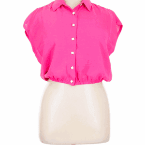 A mannequin showcases the Collared Short Sleeve Crop Top, featuring a bright pink color, button-up front, collar, short sleeves, and an elastic hem.