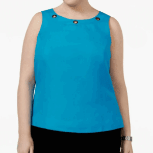A woman wears a Sleeveless Dress Top w/ Grumet Neck in turquoise and black pants.