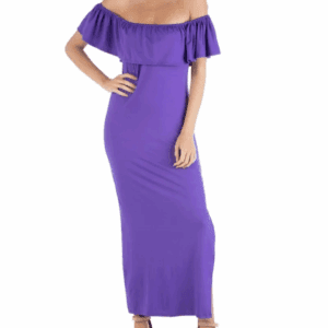 A woman stands against a plain white background wearing the Long Off the Shoulder Dress in purple with short ruffled sleeves and high-heeled shoes.