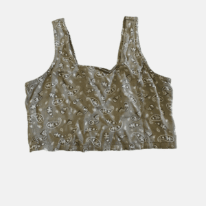 Paisley Crop Top in olive green, featuring wide straps and a white paisley print, displayed flat against a white background.