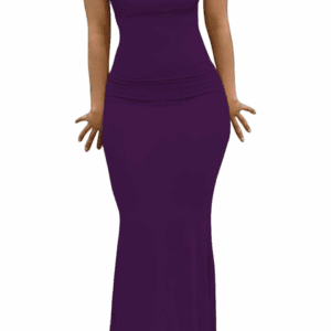 A woman wears the Long Square Neck Elegant Casual Bodycon Dress, a fitted floor-length purple dress with short sleeves and a square neckline, standing against a white background.