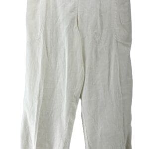 Crop Linen Pants in off-white, featuring a wide-leg fit, side pockets, and three buttons at the waistband. Displayed on a black hanger with clips.