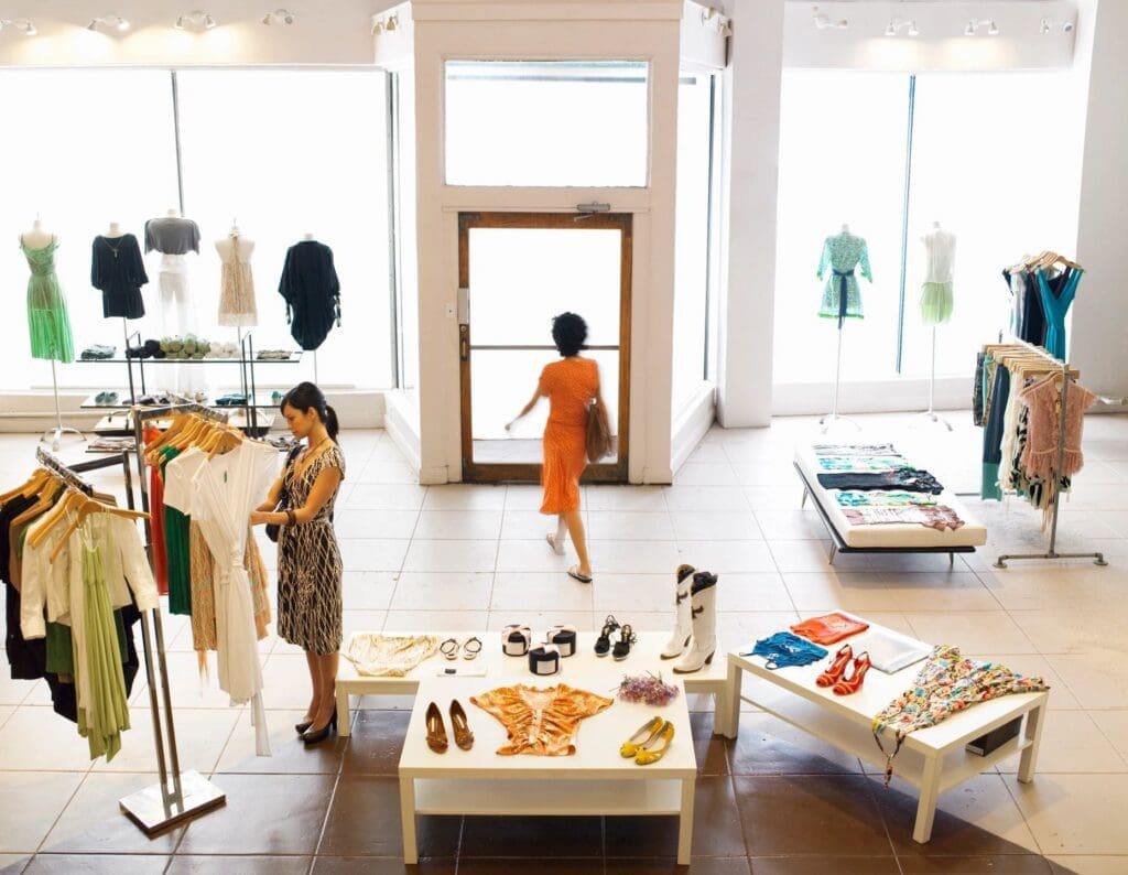 A woman browses clothing racks in a bright boutique while another woman in an orange dress walks out the front door.