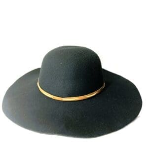 The Floppy Banded Hat is a wide-brimmed black hat featuring a thin tan band around the crown, shown on a white background.