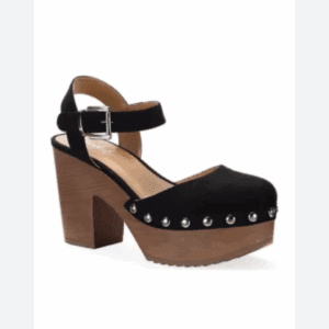 A black platform sandal with a wooden block heel, ankle strap, and silver stud accents along the base of the upper.