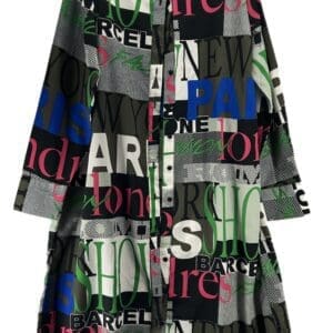The Letter Shirt Dress is a long button-down shirt with a black and white checkered pattern, decorated with large, colorful letters and city names such as Paris, London, and Barcelona in various fonts.