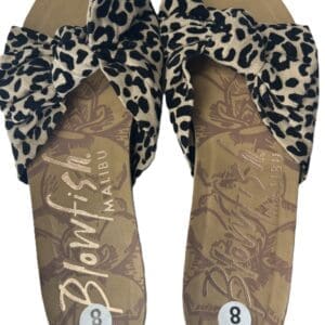 A pair of Cheetah Bow Flip Flop sandals by Blowfish Malibu, featuring leopard print fabric bows, tan insoles, and labeled as size 8.