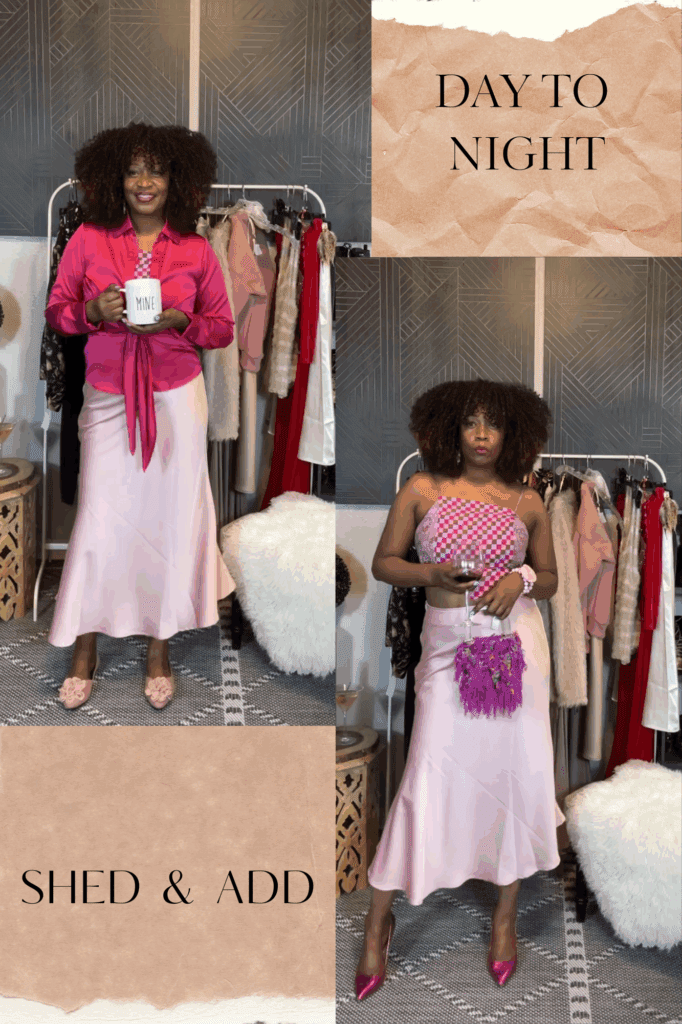 Side-by-side images of a woman demonstrating a day-to-night outfit transition with a pink blouse for day and a strapless top with accessories for night, using the same pink skirt.