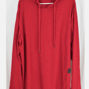 The Red Active Hoodie, a long-sleeve hooded shirt with drawstrings, is shown hanging against a plain white background.