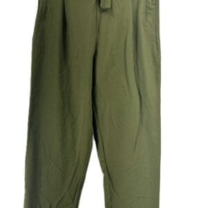 Wide Band Belt olive green high-waisted pants featuring a fabric belt, front pleats, and two side pockets, shown hanging against a white background.